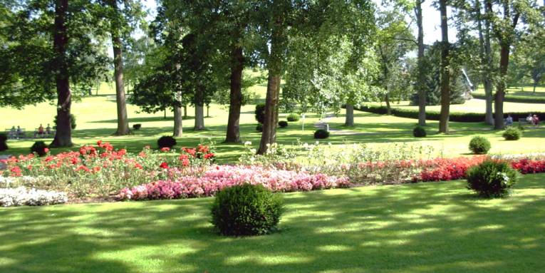Eine große Rasenfläche ist von Blumenbeeten und und wenigen Büschen unterbrochen, dahinter stehen Bäume.