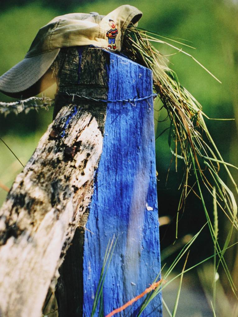 Eine Mütze, die auf einem Pfahl blau angestrichenen Pfahl liegt