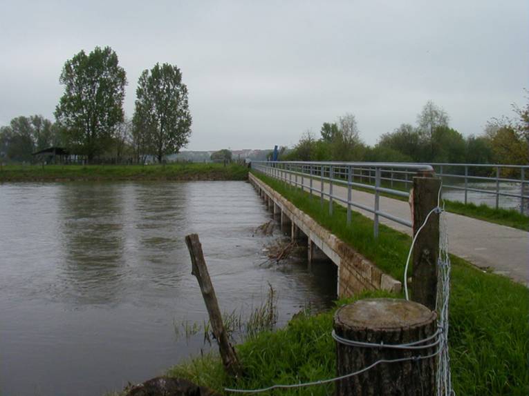 Hochwasser führender Fluss und eine nicht überschwemmte Brücke