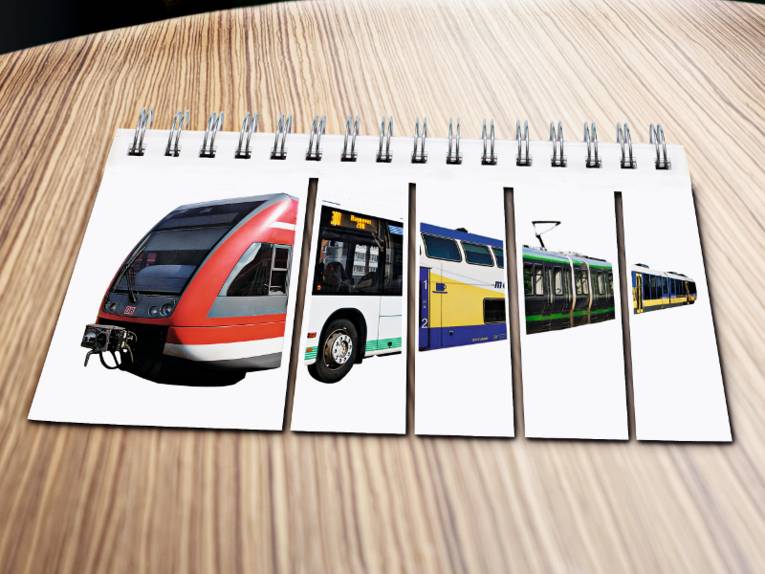 Fotomontage von 4 Schienenfahrzeugen und einem Bus