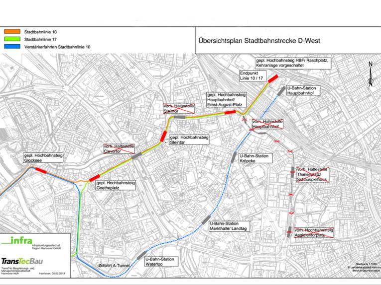 Stadtplan mit grafischen Informationen über den Streckenverlauf der  Stadtbahnlinie D-West