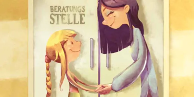 Zeichnung einer Frau, die einem kleinen Mädchen die Hände reicht und dabei lächelt. Beide stehen vor einer Tür mit der Beschriftung "Beratungsstelle".