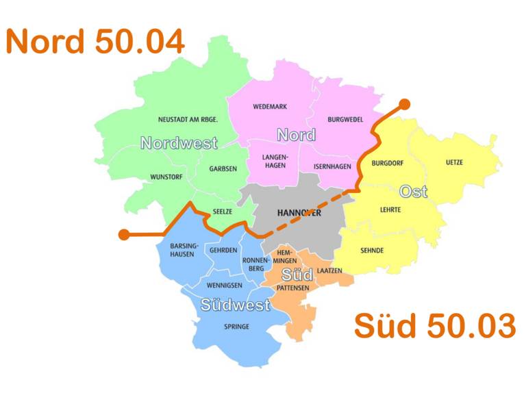 Sozialräumliche Aufteilung Teams Leistungen der Eingliederungshilfe (Nord 50.04 und Süd 50.03) der Region Hannover.