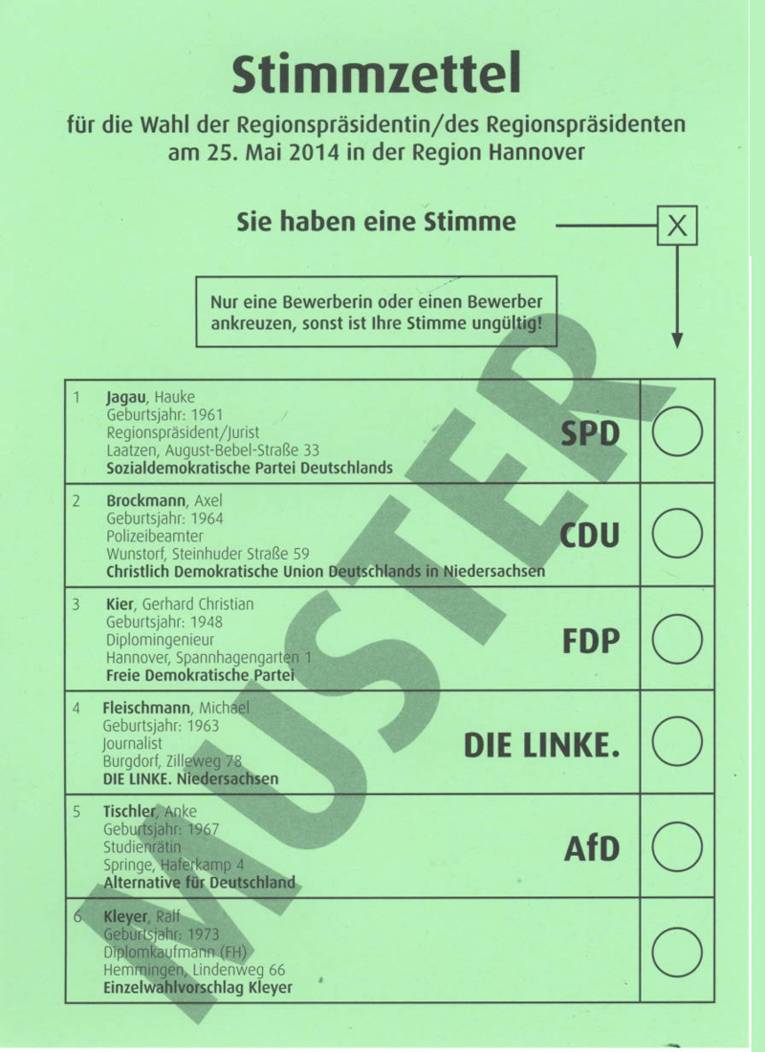 Musterstimmzettel für die Wahl der Regionspräsidentin / des Regionspräsidenten am 25. Mai 2014.