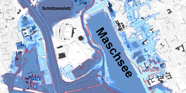 Schützenplatz, Bereiche um den Maschsee, Verwaltungsgebäude der Region Hannover und weitere Teile Hannovers sind von den Wassern der Leine überschwemmt.