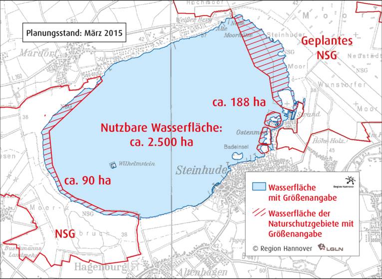Karte vom Steinhuder Meer und seiner Umgebung mit ausgewiesenem Naturschutzgebiet und Wasserflächen