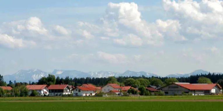 Grüne Wiesen, Häuser, Wald im Hintergrund Berge