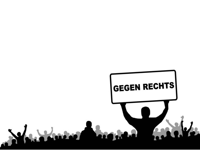 Schwarzweiß-Grafik mit einer Menschemnege. Im Vordergrund hält eine Mensch ein Plakat mit der Aufschrift "GEGEN RECHTS" hoch.