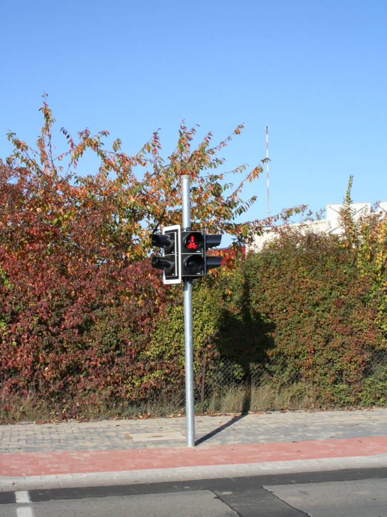 Lichtsignalanlage für Fußgänger an einer Straße, das rote Haltesignal wird angezeigt.
