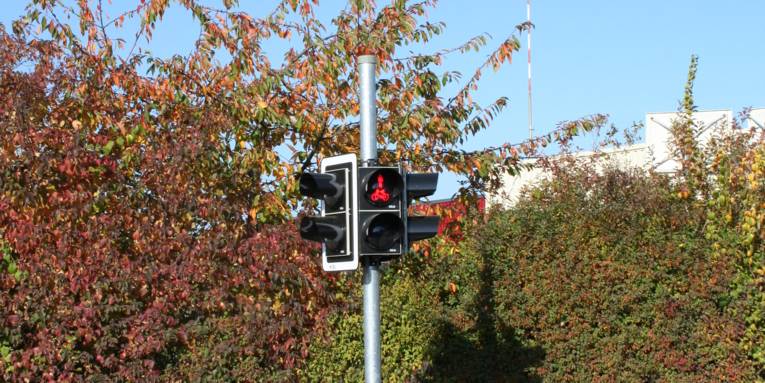 Lichtsignalanlage für Fußgänger an einer Straße, das rote Haltesignal wird angezeigt.