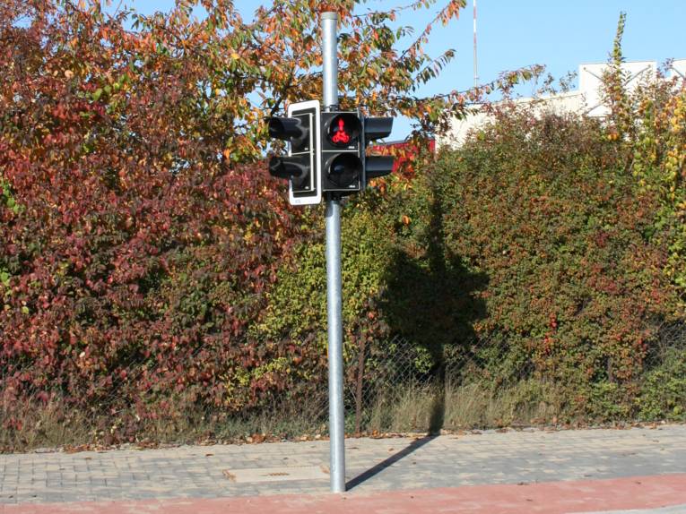 Lichtsignalanlage für Fußgänger an einer Straße, das rote Haltesignal wird angezeigt.