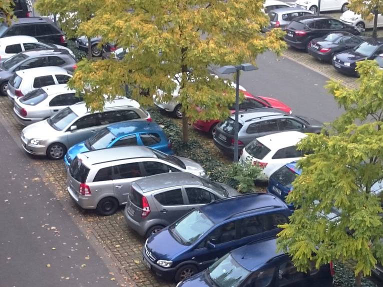 Kraftfahrzeuge stehen in Parkbuchten.