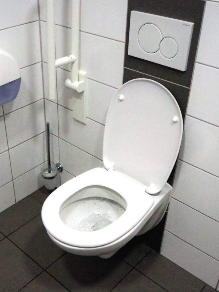 WC mit Haltegriffen, die Menschen mit Behinderungen den Toilettengang erleichtert.