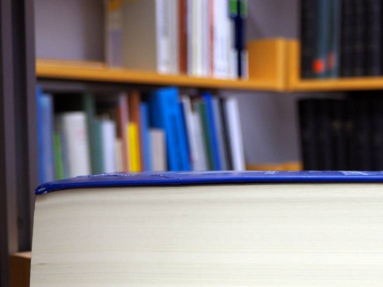 Blick auf den Rand eines zugeklappten Fachbuchs, im Hintergrund sind verschwommen weitere Bücher zu erkennen, diese stehen in Bücherregalen.