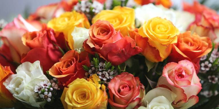 Blumenstrauß mit verschiedenfarbigen Rosenblüten.