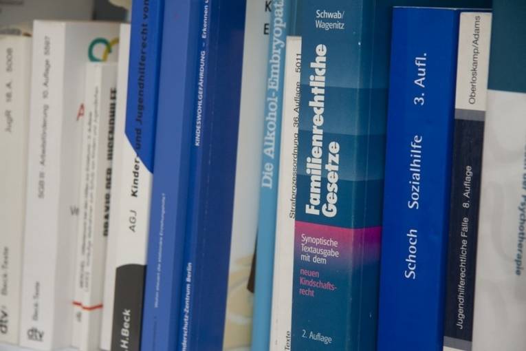 In einem Bücherregal stehen verschiedene Bücher zu Sozialgesetzen und Sozialrecht.