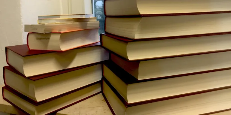 Zwei Bücherstapel in einer Fensterbank.