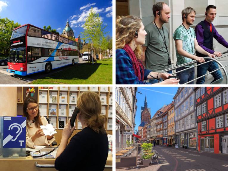 Collage aus Stadtrundfahrt-Bus, Menschen am Hannover-Stadtmodell, Beratungssituation und Altstadt