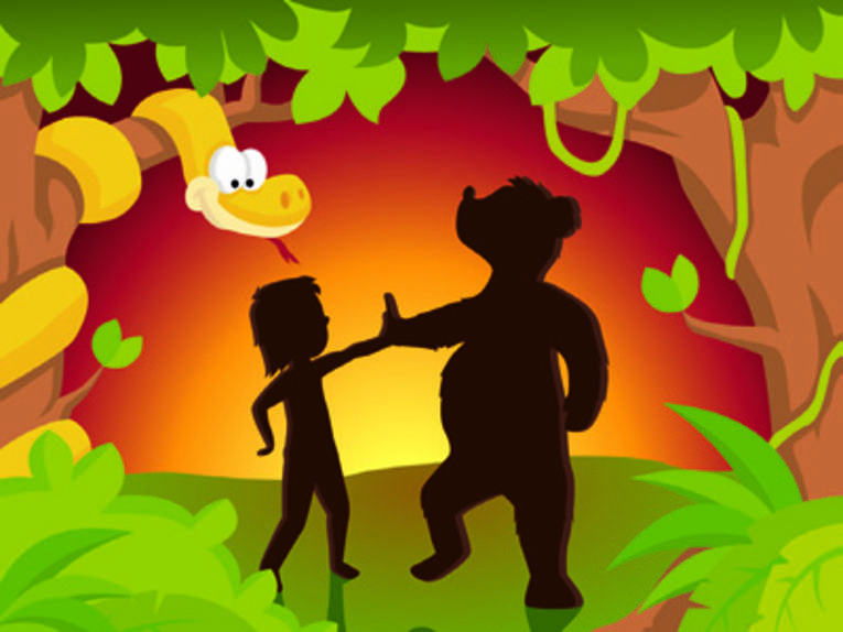 Balu und Mogli tanzen im Dschungel.