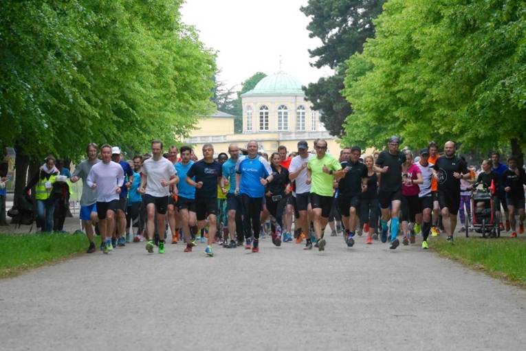 Menschen laufen auf einem Parkweg.