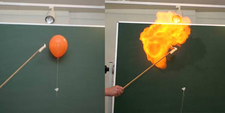 Auf dem linken Bild ist ein roter Luftballon vor einer Schultafel zu sehen, auf dem rechten Bild eine lodernde Flamme, wo vorher der Luftballon war.