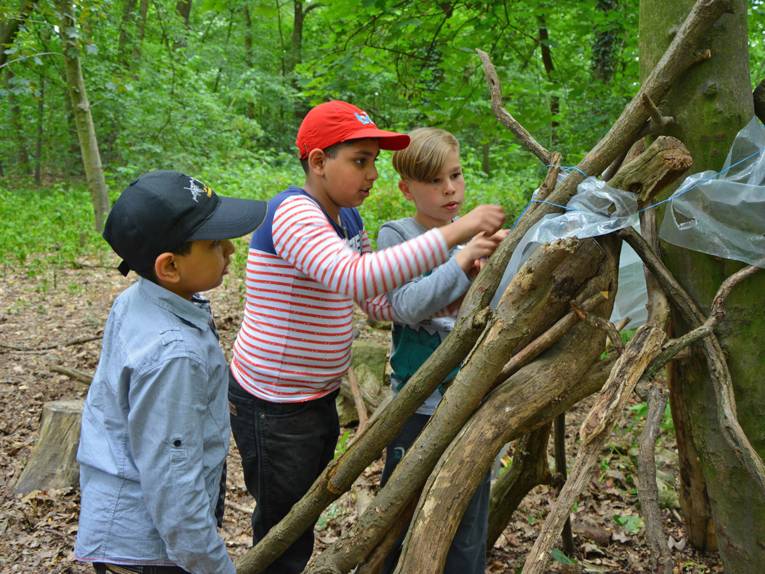 Drei Jungen haben Äste im Wald zu einer Hüttenkonstruktion aufgestellt und arbeiten an einer Befestigung.