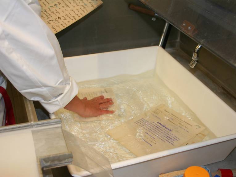 Die Einzelblätter werden in einer Wasser-Isopropanol-Lösung gewässert.