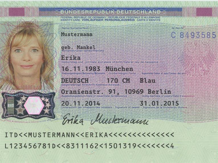 Muster eines vorläufigen Personalausweis, bei dem links ein Foto einer Frau abgebildet ist und rechts die dazugehörigen persönlichen Daten.