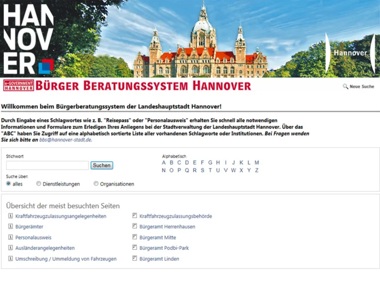Beispielansicht des Online-Angebotes BürgerBeratungsSystem
