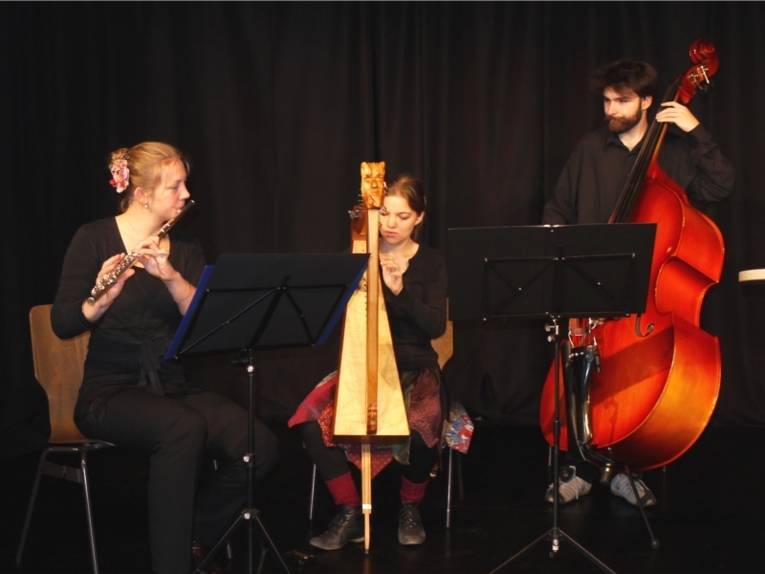 Das Musiktrio Sonnengang begleitete die Veranstaltung musikalisch: Sita-Melissa Anoa Kuhn spiel Querflöte, Milena Hoge spielt Harft und Jan-gerit Lütgering spiel Cello.