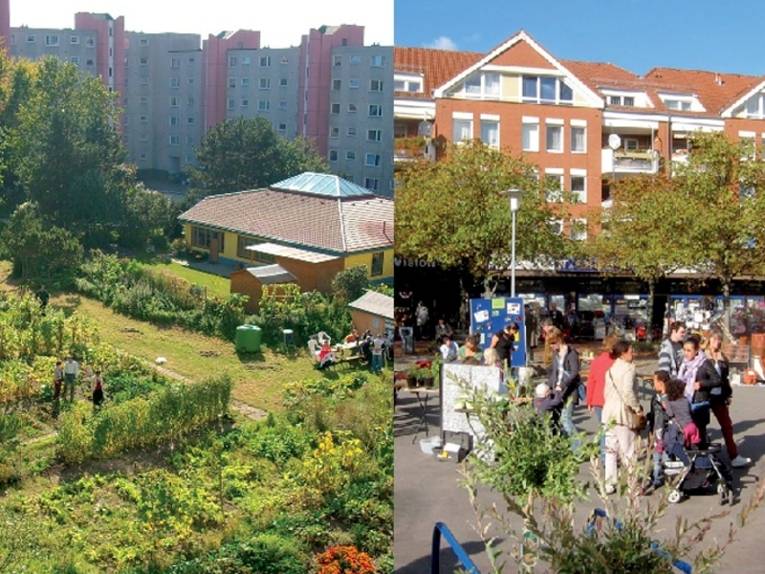 Auf dem Bild sind zwei Bilder in Einem zu sehen. Auf dem rechten Bildabschnitt ist eine Garten/Grünanlage inmitten einer Wohnsiedlung zu sehen. Auf dem rechten Bildabschnitt ist der Sahlkamp Markt zu sehen, der sehr belebt wirkt.