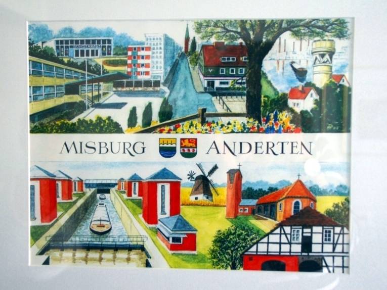 Städtepartner Misburg-Anderten als Gemälde mit deren Wahrzeichen wie die Schleuse, das Misburger Rathaus, Kirchen, Windmühlen und die Wappen der beiden Stadtteile.