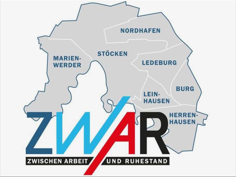 Die Umrisse der Stadtteile Marienwerder, Stöcken, Nordhafen, Ledeburg, Leinhausen, Burg und Herrenhausen. Darunter in Großbuchstaben das Logo ZWAR, was bedeutet: Zwischen Arbeit und Ruhestand. 