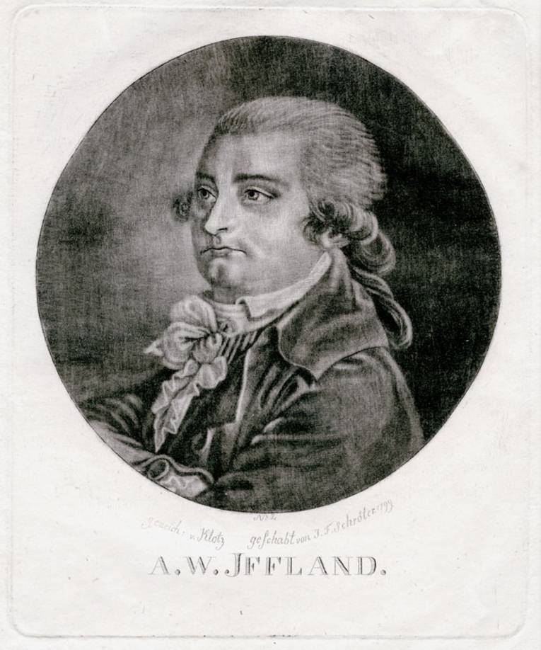Porträt August Wilhelm Iffland, geb. 1759 in Hannover. Schauspieler, Theaterdirektor und -dichter, Schabkunstblatt, gez. von Klotz, geschabt von J. F. Schröter, 1799