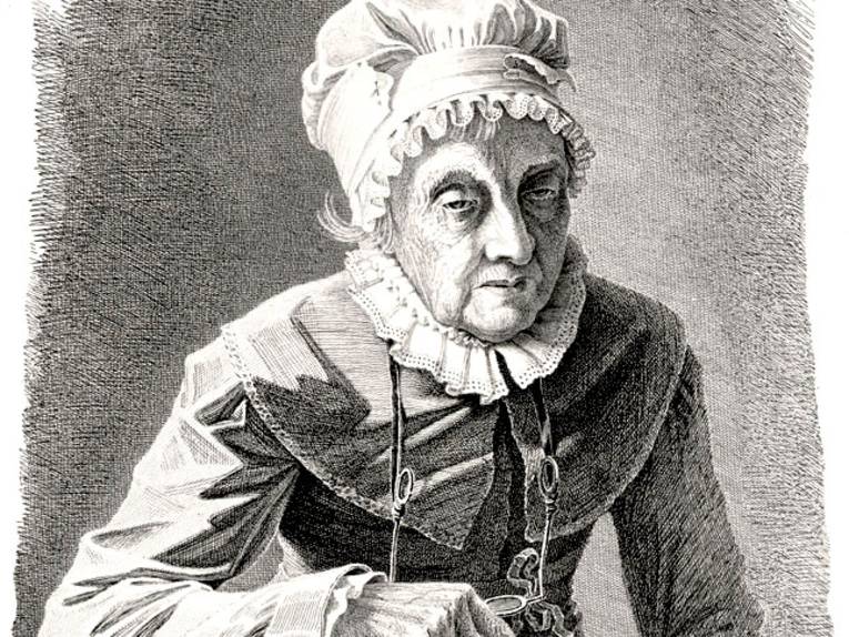 Caroline Herschel (16.3.1750 bis 9.1.1848), Astronomin, im Alter von 97 Jahren. Kupferstich von G. Busse, 1847