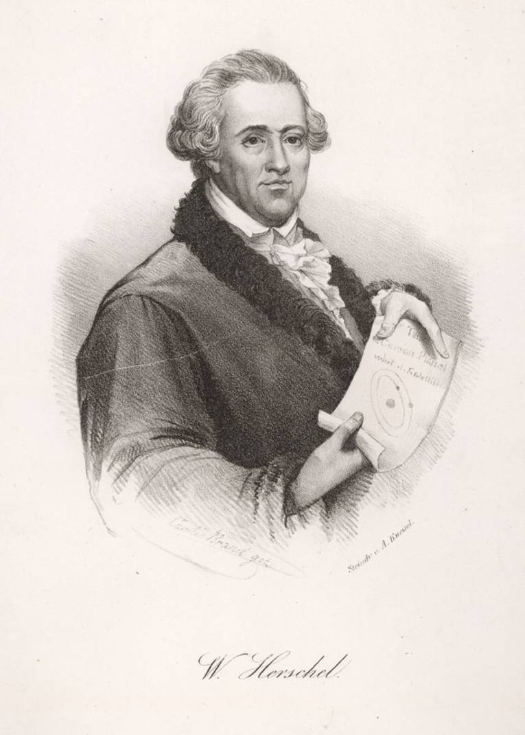 Wilhelm Herschel (1738-1822) Astronom. 
Halbfigur nach rechts. Rock mit Pelzkragen, Frisur mit Schläfenrollen. 
Entrollt mit den Händen ein Papier mit Sternenbahnen.
