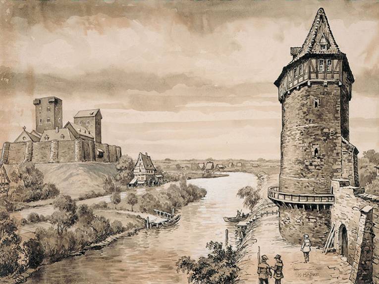 Burg Lauenrode und Beginenturm um 1300, Sepiafarbene aquarellierte Federzeichnung von Karl Hapke (1876-1955)