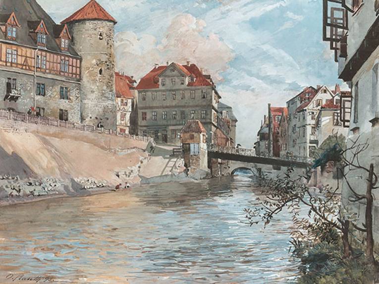 Am Hohen Ufer mit Zeughaus und Beginenturm, 1895. Blick von Nordwesten auf das Hohe Ufer der Leine mit Pferdeschwemme. Die Sommerbrücke führt zu den Häusern der Leineinsel. Aquarell von Otto Rauth
