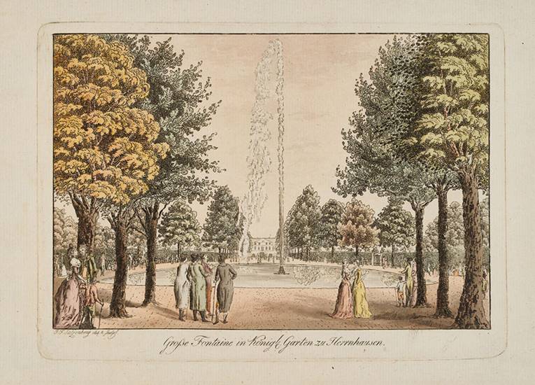 „Große Fontaine in Königl. Garten zu Herrenhausen“, kolorierter Kupferstich von Salzenberg, vermutlich um 1800 