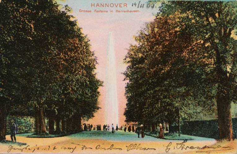 „Große Fontaine in Herrenhausen“, Postkarte, Farbdruck, gestempelt 1903 