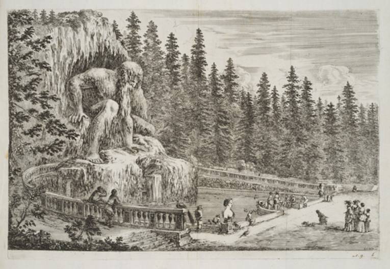 Felsen mit der Skulptur des Apennin, Radierung von Stefano della Bella (um 1653/58)