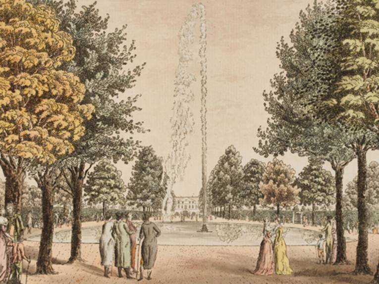 "Große Fontaine in Königl. Garten zu Herrenhausen", kolorierter Kupferstich von J. F. Salzenberg, Anfang 19. Jh. 