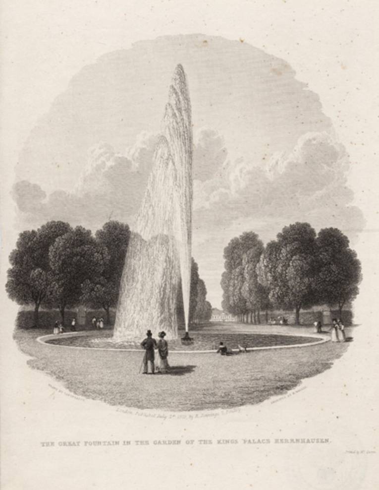 „The great fountain in the garden oft he Kings Palace Herrenhausen“, Stahlstich von R.Wallis, 1829