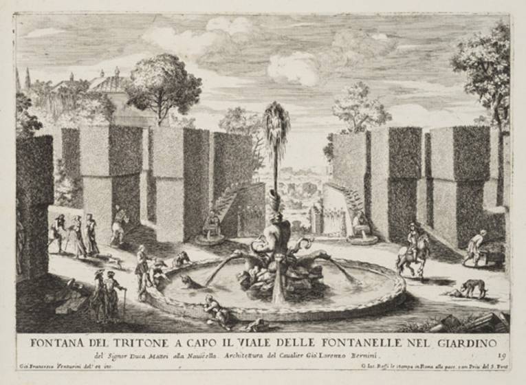 Tritonenbrunnen im Garten des Herzogs Mattei in Navicella, Beschriftung: „Fontana del Tritone a capo il viale delle Fontanelle nel Giardino del Signor Duca Mattei alla Navicella“