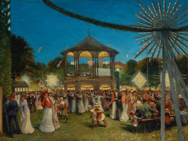 Schützenfest in Hannover. "Abendlicher Tanz auf dem Rundteil", bei Beleuchtung durch die "Sterne", Bezeichnet in der rechten Unterecke "Aug. H. Plinke“. 