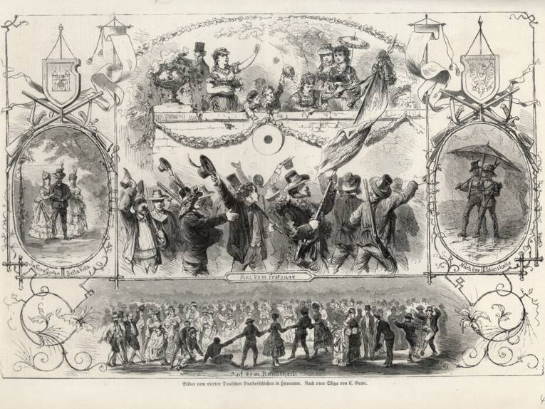 Szenen vom Bundesschießen 1872. Das Blatt zeigt vier Motive vom Bundesschießen in Hannover. Rechts unter hannoverschen Stadtwappen "Im Flora Garten/Bella Vista", in der Mitte "Aus dem Festzuge", links unter Reichswappen "Nach der Schiesshalle" und unten "Auf dem Rundtheil". Darunter bezeichnet "Bilder vierten Deutschen Bundesschießen in Hannover, Zeitungsdruck / Holzstich nach einer Skizze von Carl Grote, 1872