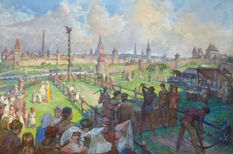 Pfingstfestschießen in Hannover im 15. Jh. Auf dem Gelände der 1371 zerstörten Burg Lauenrode (Calenberger Neustadt) ist – in der Bildmitte – auf der grünen Wiese – die Schießbahn mit dem „Papageienbaum“ angelegt. Armbrustschützen gehen ihrem Sport nach. Rechts und links der Schießbahn Volk und Buden. In der Bildmitte die Leine, rechts Befestigungsanlagen und Bauten auf der „Insel“, im Hintergrund die von Mauer und Türmen umgebene Stadt Hannover, Temperabild von Ernst Jordan, 1903