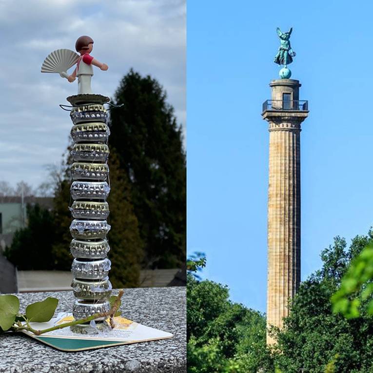 Nachbau der Waterloosäule rechts im Bild und ein Foto vom Original links im Bild