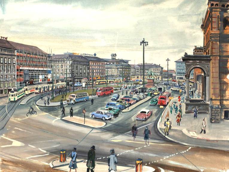 Der Bahnhofsplatz (Ernst-August-Platz), gesehen von der Ecke Joachimstraße (Bundesbahndirektion) aus. Aquarell-Tempera von Hans Kreuzer, 1956