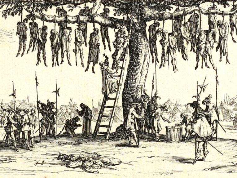 Die Schrecken des Krieges; Der Galgenbaum“, Radierung von Jacques Callot, 1632
